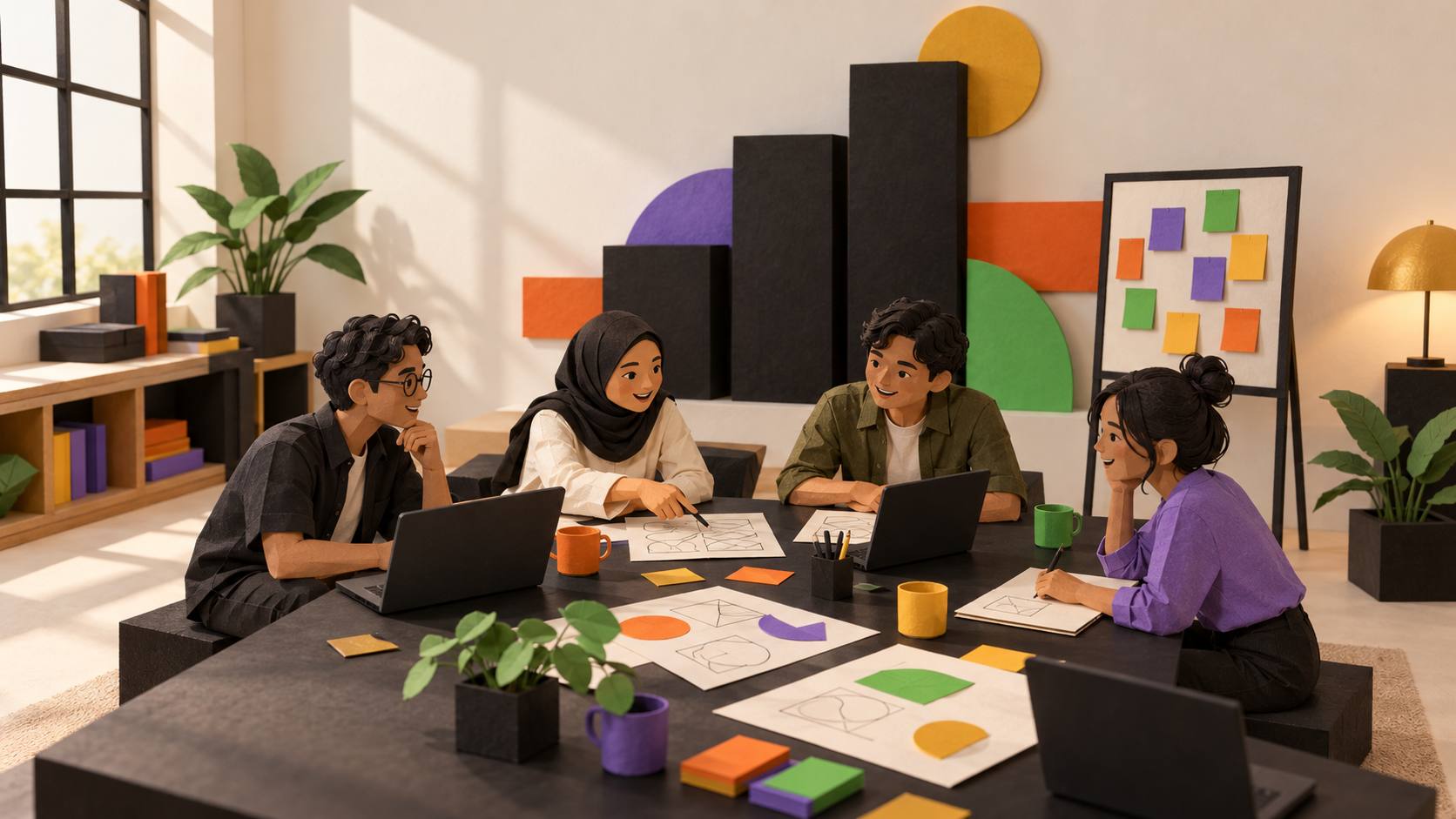 Empat solo founder berdiskusi di meja hitam sebuah ruang kerja terang. Mereka memegang sketsa dan laptop, dengan dinding berhias bentuk pilar hitam dan blok warna di belakang.